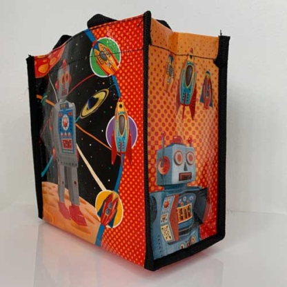 Coelacanth Recyclable Small Tote Lunch Bag Robot and Rocket Sideview