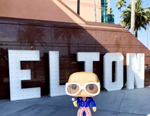 Elton John Red, White & Blue Funko Pop at Farewell Concert, Honda Center, Anaheim, September 10, 2019, Elton Sign